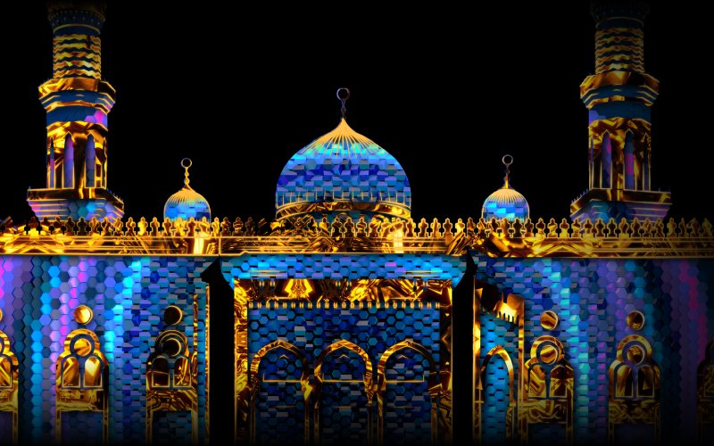 Beautiful mosque decorated with lights.