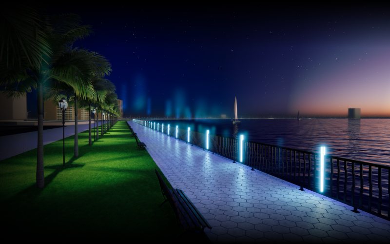 waterbodies under the night sky at Khalid Lagoon Corniche