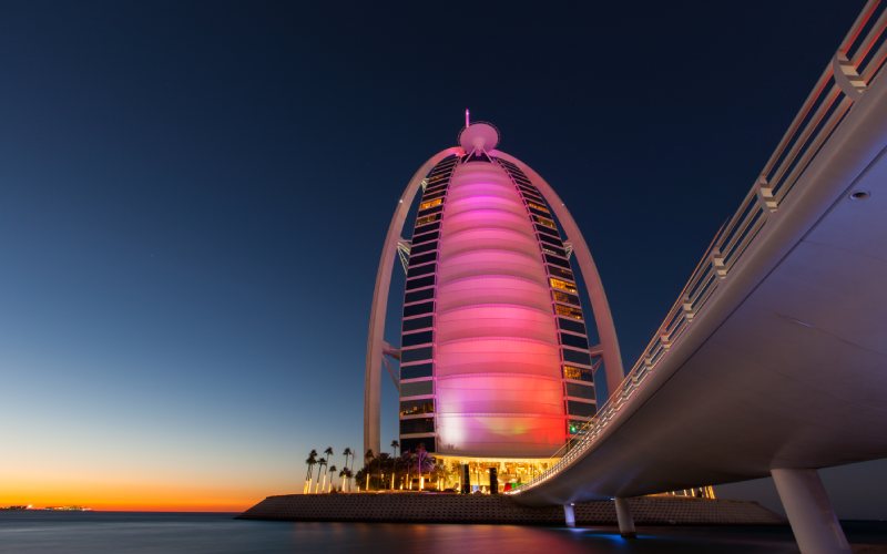 Sunset at Burj Al Arab hotel in Dubai.